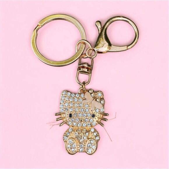 New Hello Kitty Gold Rhinestone/Crystal Sparkle Keychain Pink Bow - Picture 1 of 2
